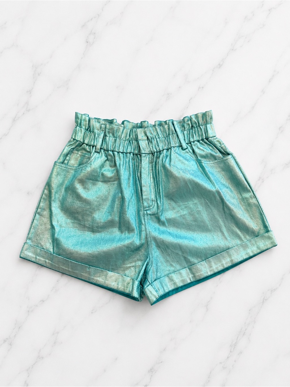 Fantastic Fawn Metallic Green Paperbag Waist Shorts Size Large NWT